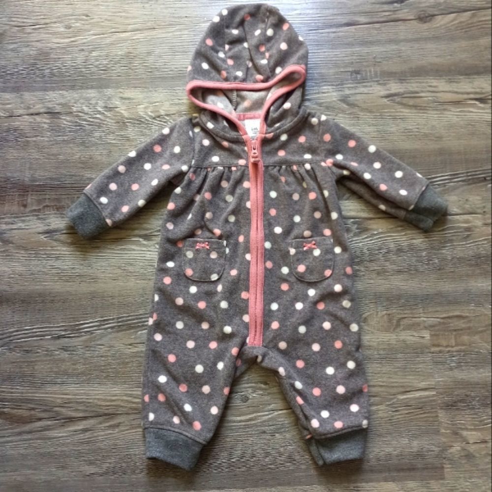 Carter's Hooded bodysuit sleeper footless polka Dot soft zip up pink gray 3M